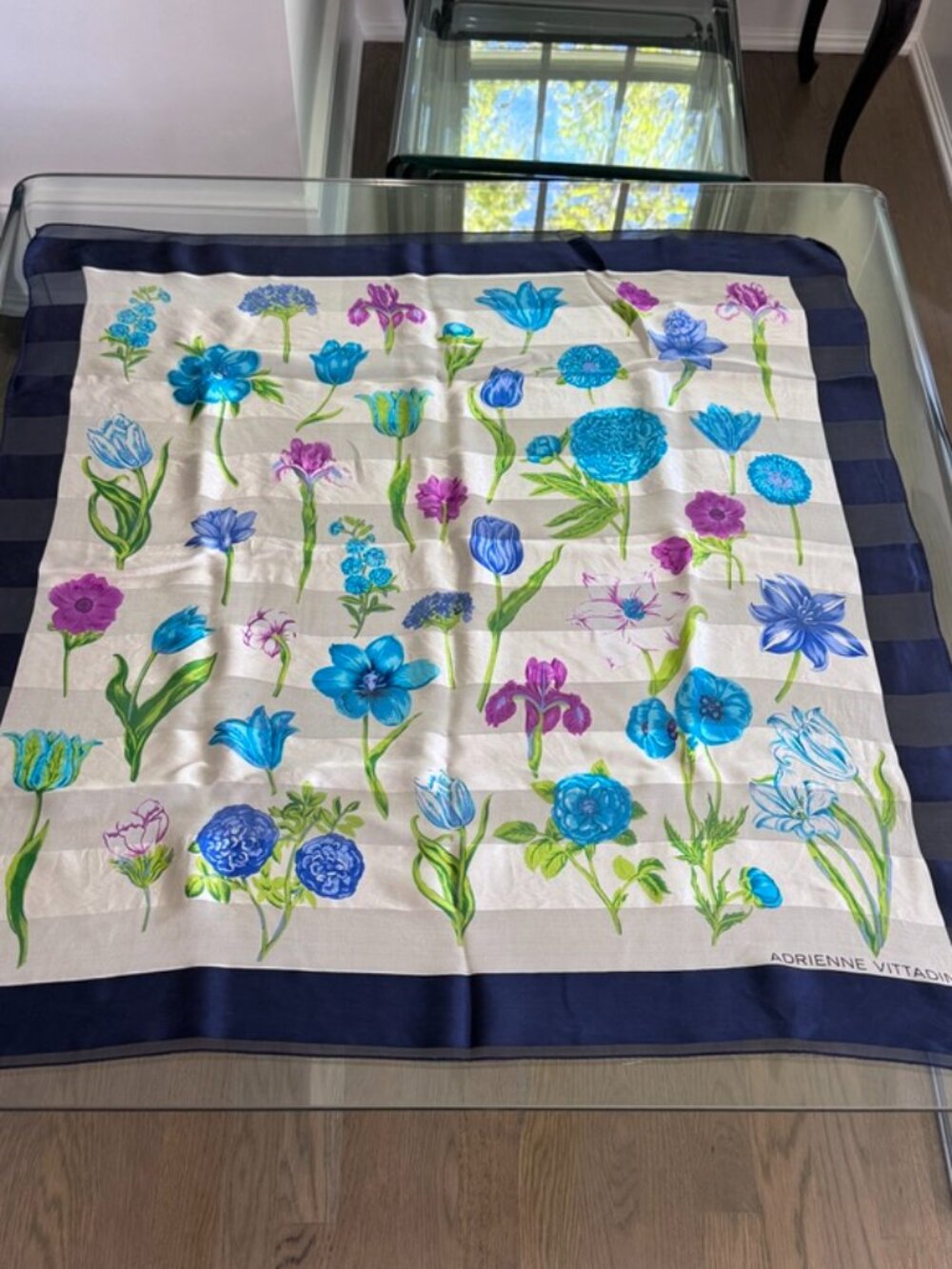 Adrienne Vittadini Vintage Silk Scarf | Floral Botanical Print | Blue & Purple - Picture 2 of 7
